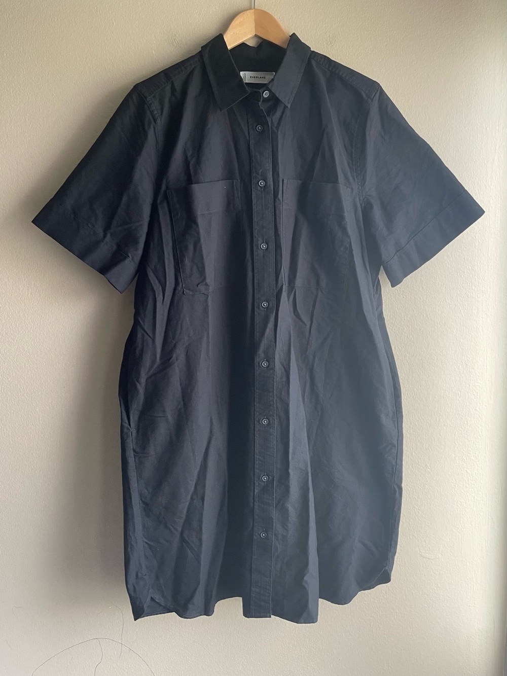 New Everlane Women Oxford Short-Sleeve Black Button-Up Shirt Dress Size Large